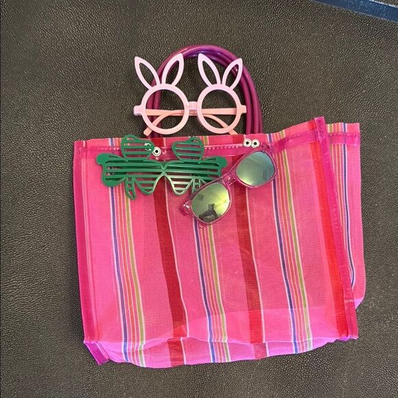 Pink Striped Kids Tote Bag with Sunglasses - Picture 1 of 5